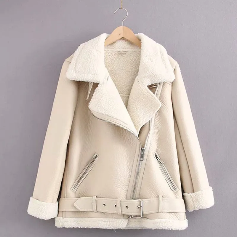 Black Friday Sales Women Winter Warm Thick Windproof Motorcycle Coat With Belt Brown Suede Jacket Faux Lamb Leather Jacket Outwear
