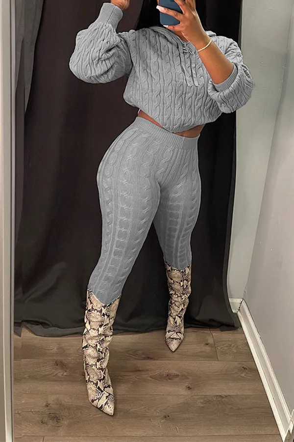 Cable Knit Hoodie & High Waist Pants Set