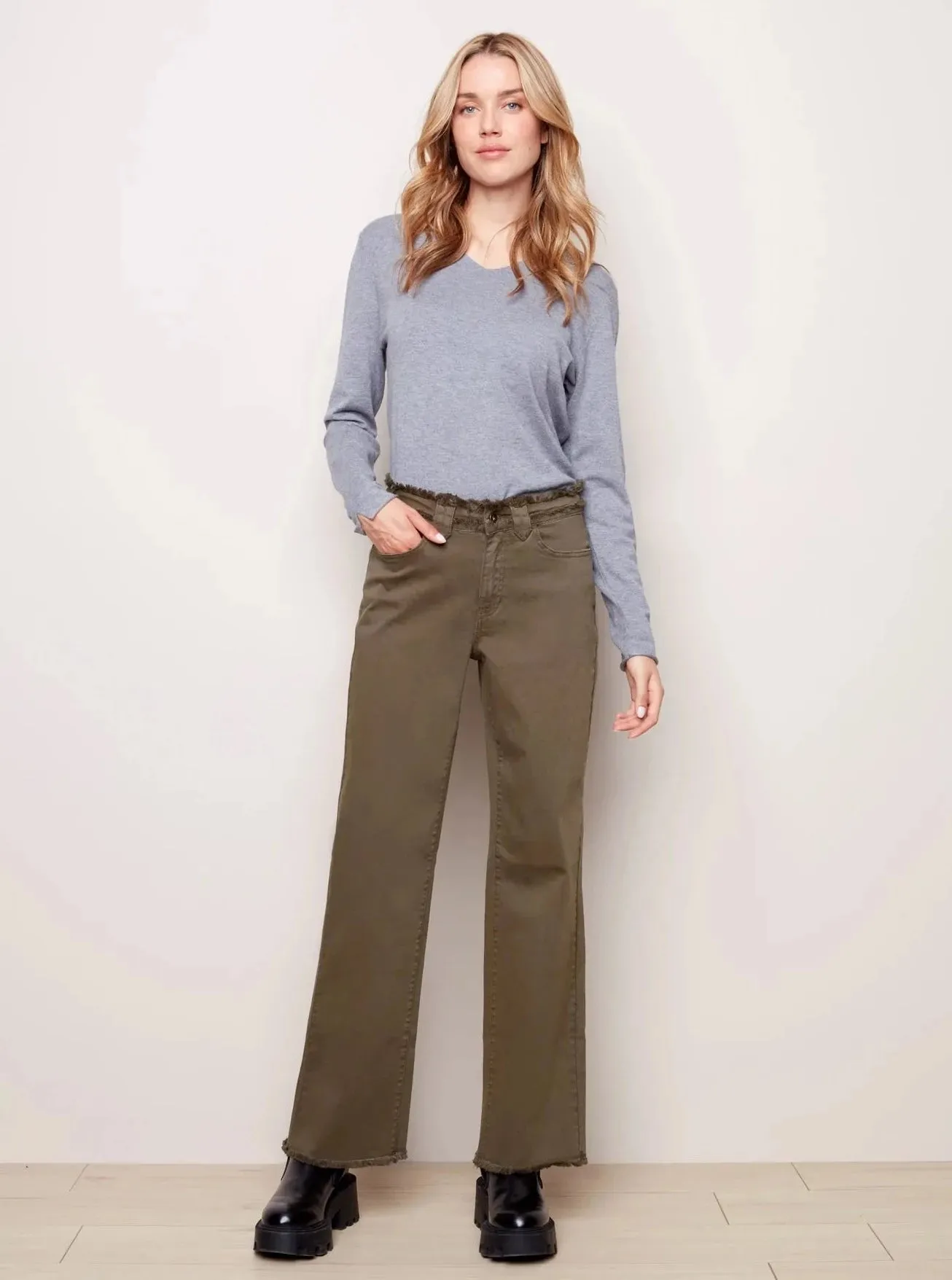 Fringed Waist Band Flare Pant [Pine-C5363]