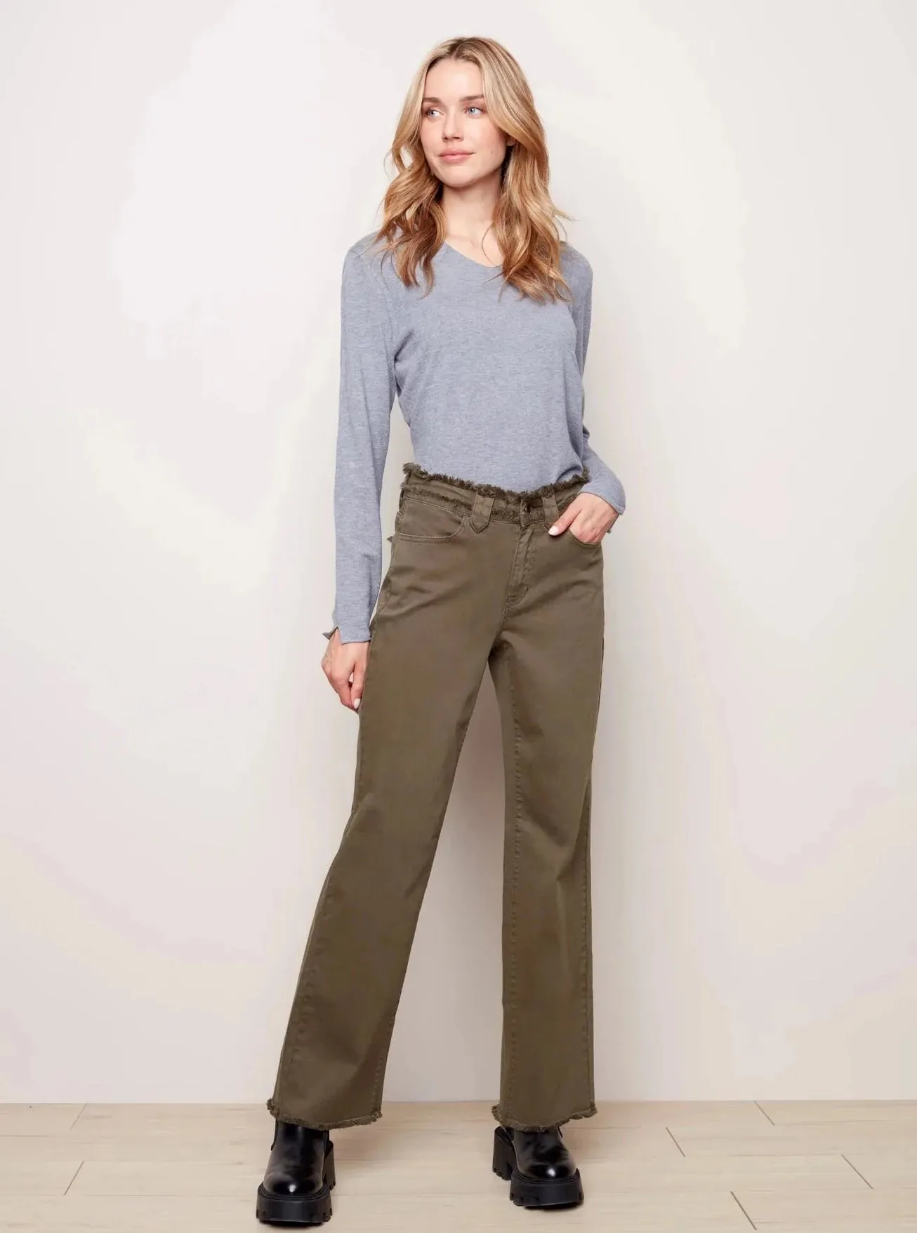 Fringed Waist Band Flare Pant [Pine-C5363]