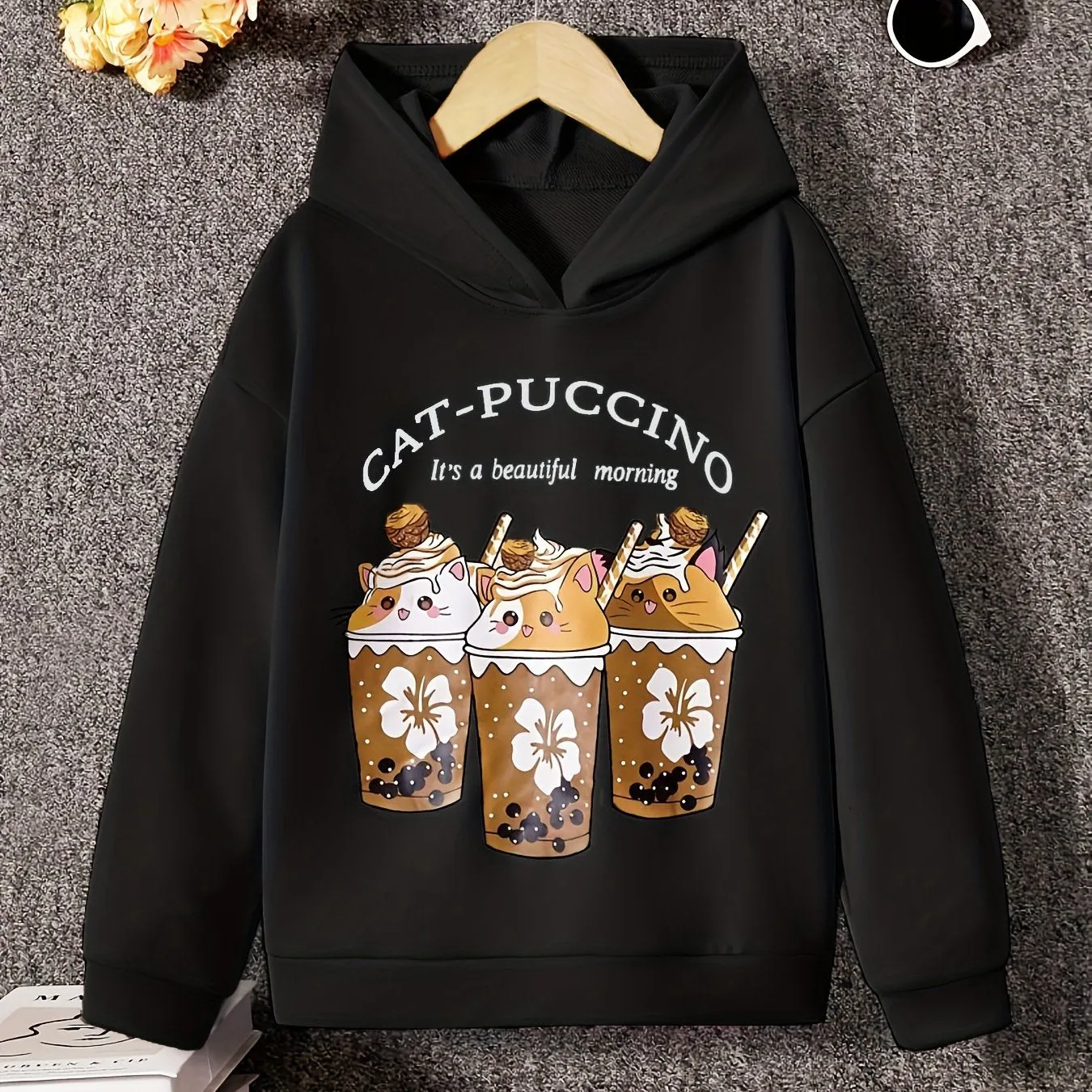 Girls' Cartoon Cat Puccino Hoodie – Cozy & Cute Sweatshirt for Spring & Autumn