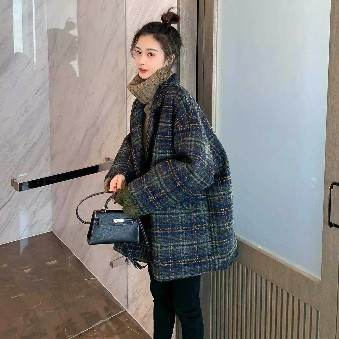Joskaa Christmas Gift Women Wool Blends Plaid V-neck Single Button Fashion Korean Style Chic Loose Overcoat Female Casual Winter Thick Ulzzang New Fit