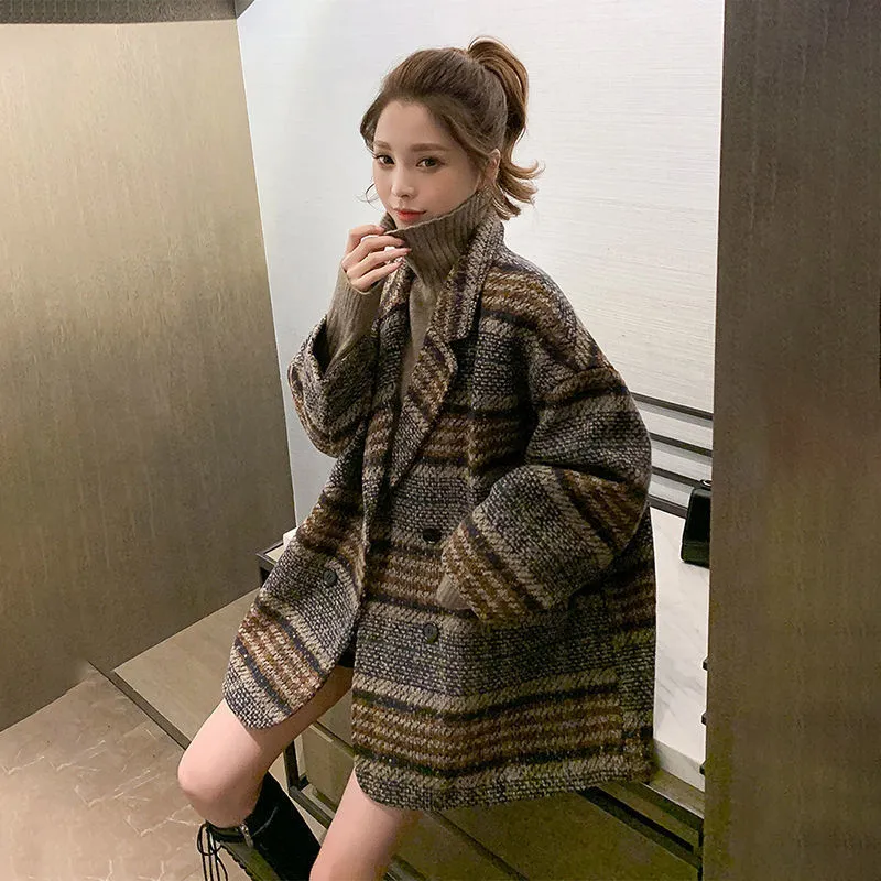 Joskaa Christmas Gift Women Wool Blends Plaid V-neck Single Button Fashion Korean Style Chic Loose Overcoat Female Casual Winter Thick Ulzzang New Fit