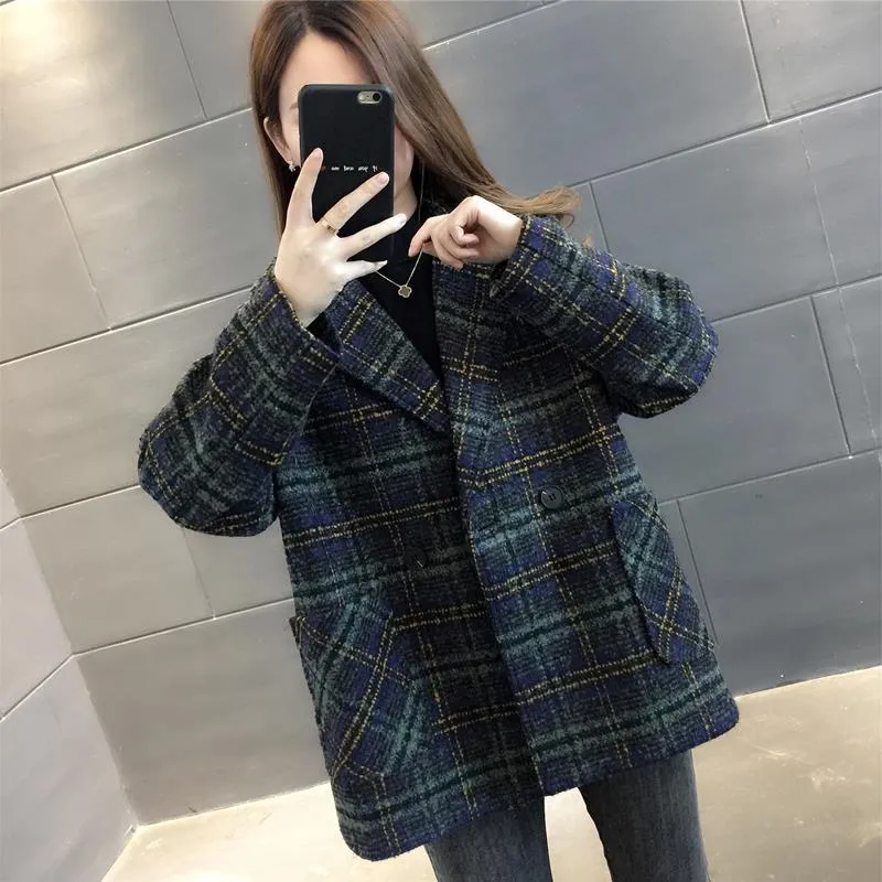 Joskaa Christmas Gift Women Wool Blends Plaid V-neck Single Button Fashion Korean Style Chic Loose Overcoat Female Casual Winter Thick Ulzzang New Fit