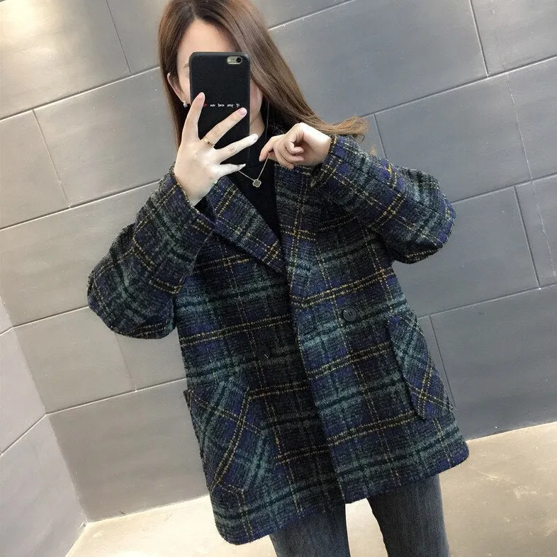 Joskaa Christmas Gift Women Wool Blends Plaid V-neck Single Button Fashion Korean Style Chic Loose Overcoat Female Casual Winter Thick Ulzzang New Fit