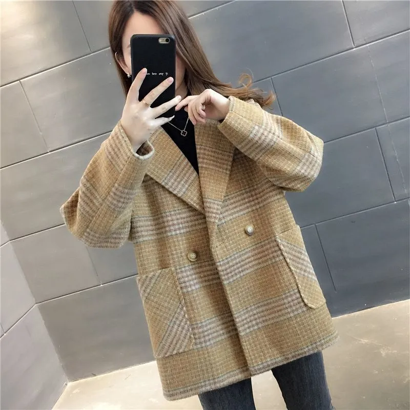 Joskaa Christmas Gift Women Wool Blends Plaid V-neck Single Button Fashion Korean Style Chic Loose Overcoat Female Casual Winter Thick Ulzzang New Fit