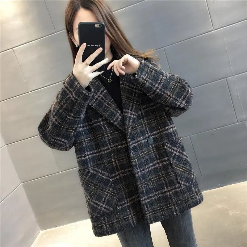 Joskaa Christmas Gift Women Wool Blends Plaid V-neck Single Button Fashion Korean Style Chic Loose Overcoat Female Casual Winter Thick Ulzzang New Fit