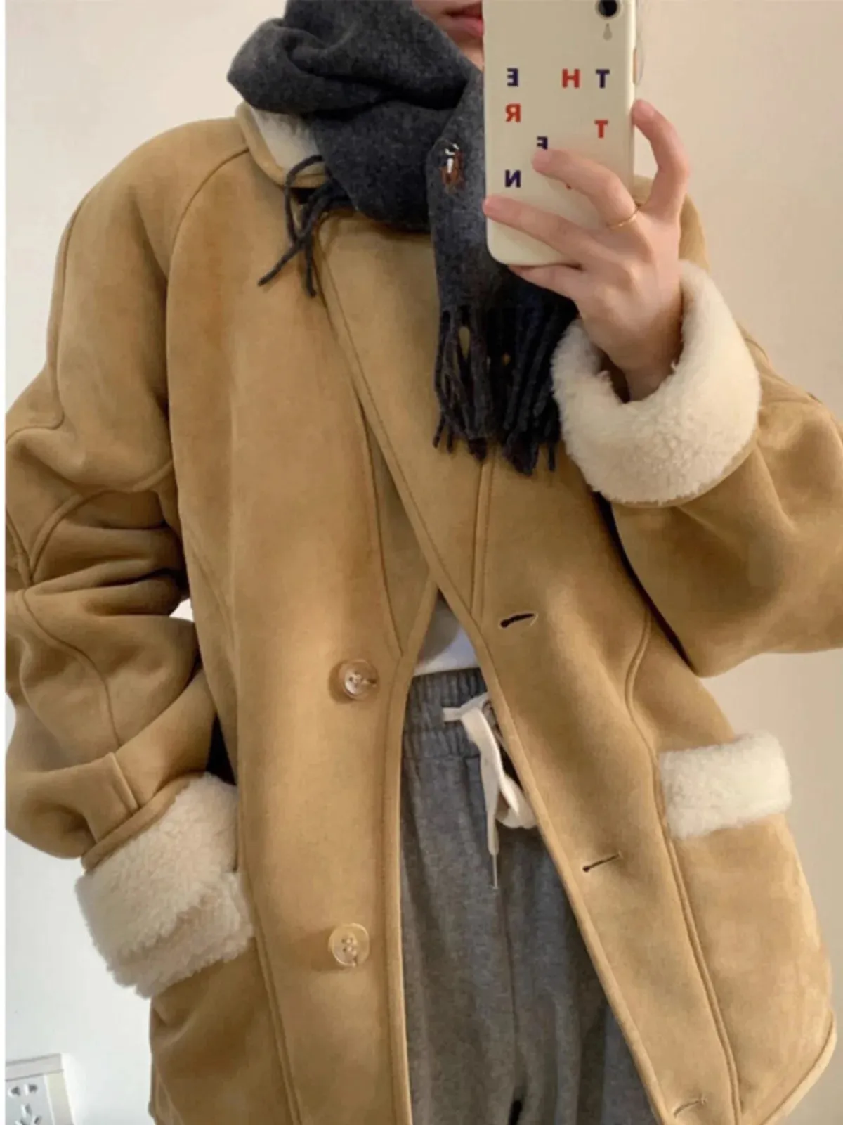 JOSKAA Lamb Wool Leather Jacket For Women Fashion Elegant Lapel Thicken Warm Overcoat New Chic Suede Short Coat Lambskin Outwear 2024