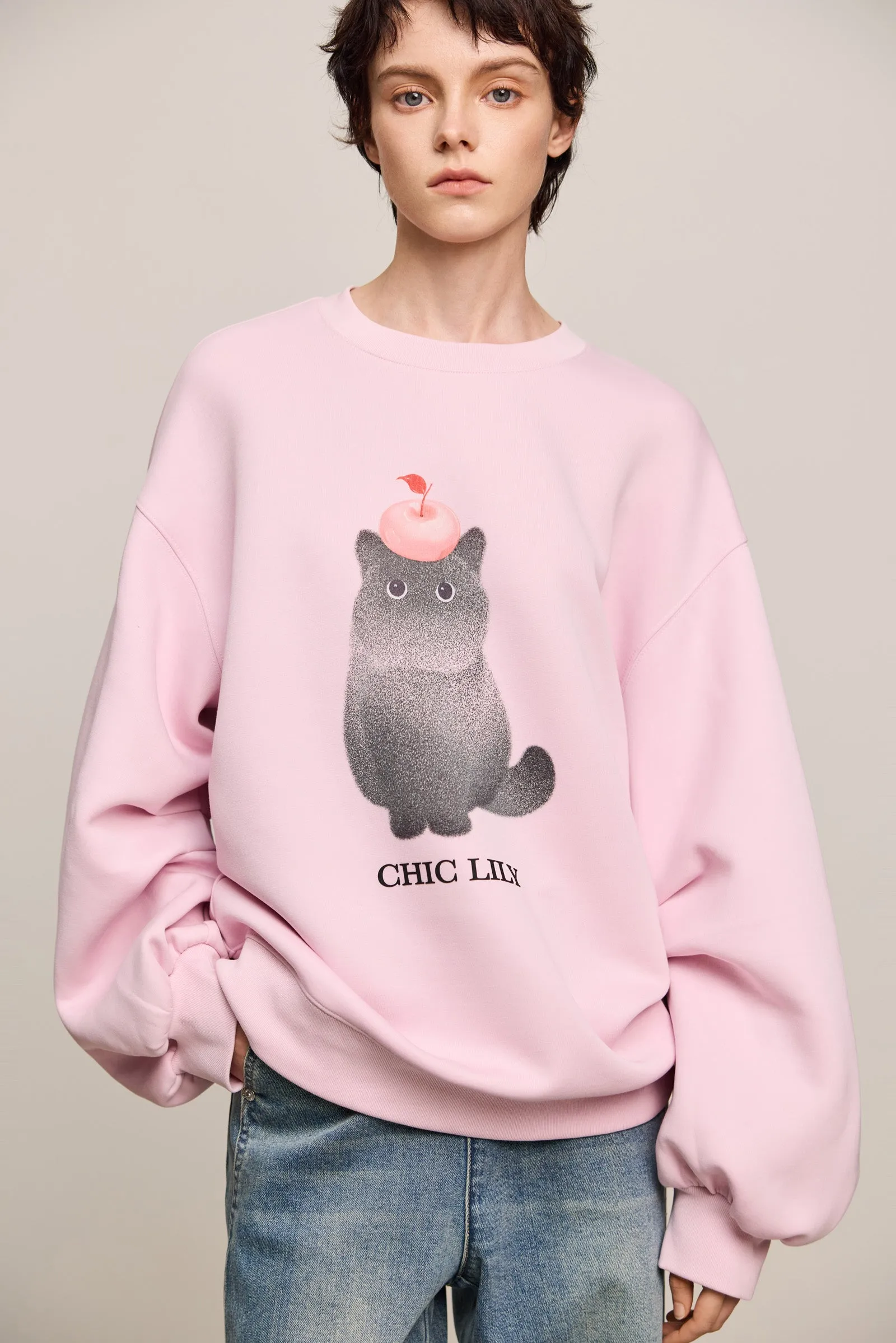 LILY Cat Graphic Crewneck Pullover Sweatshirt