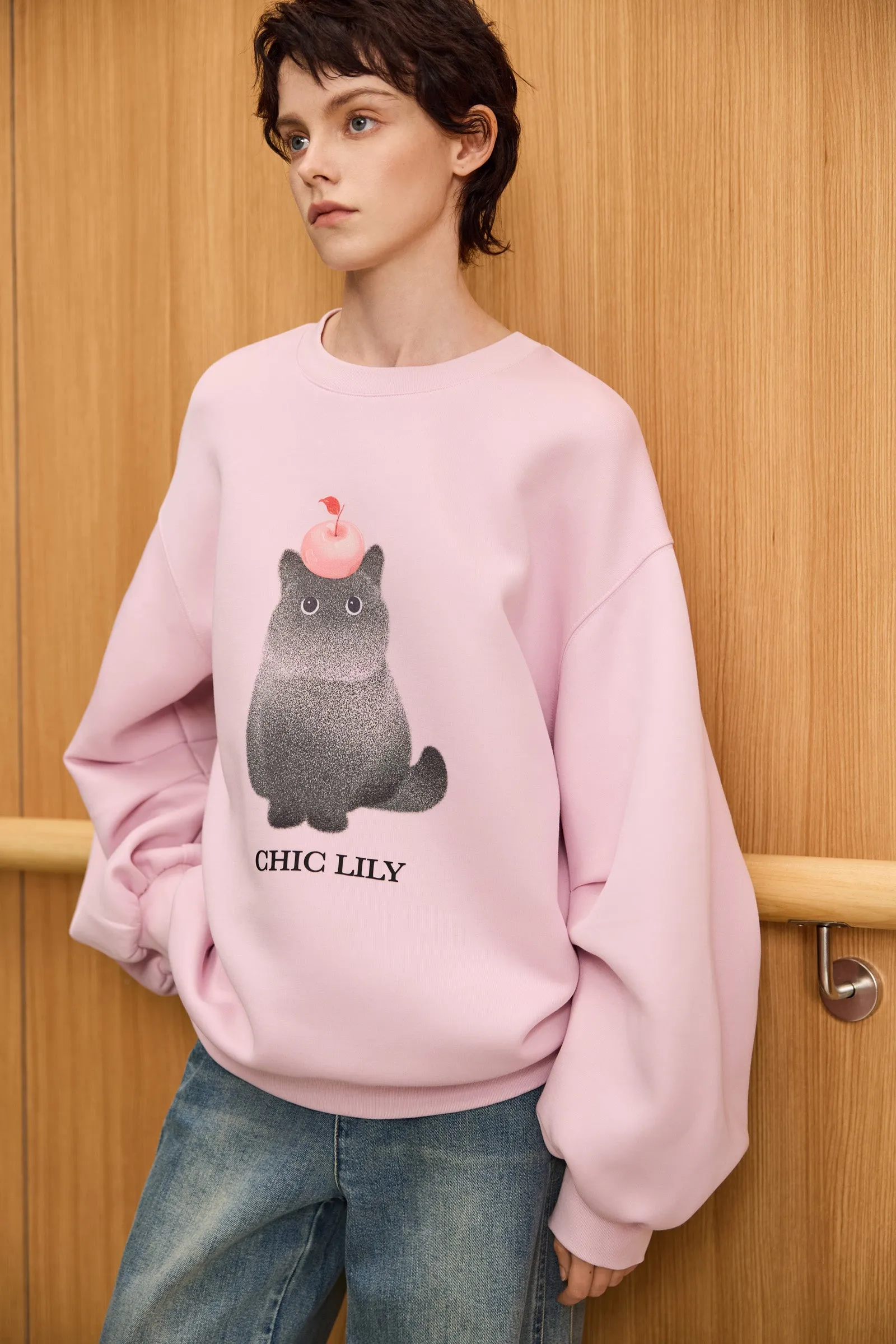 LILY Cat Graphic Crewneck Pullover Sweatshirt