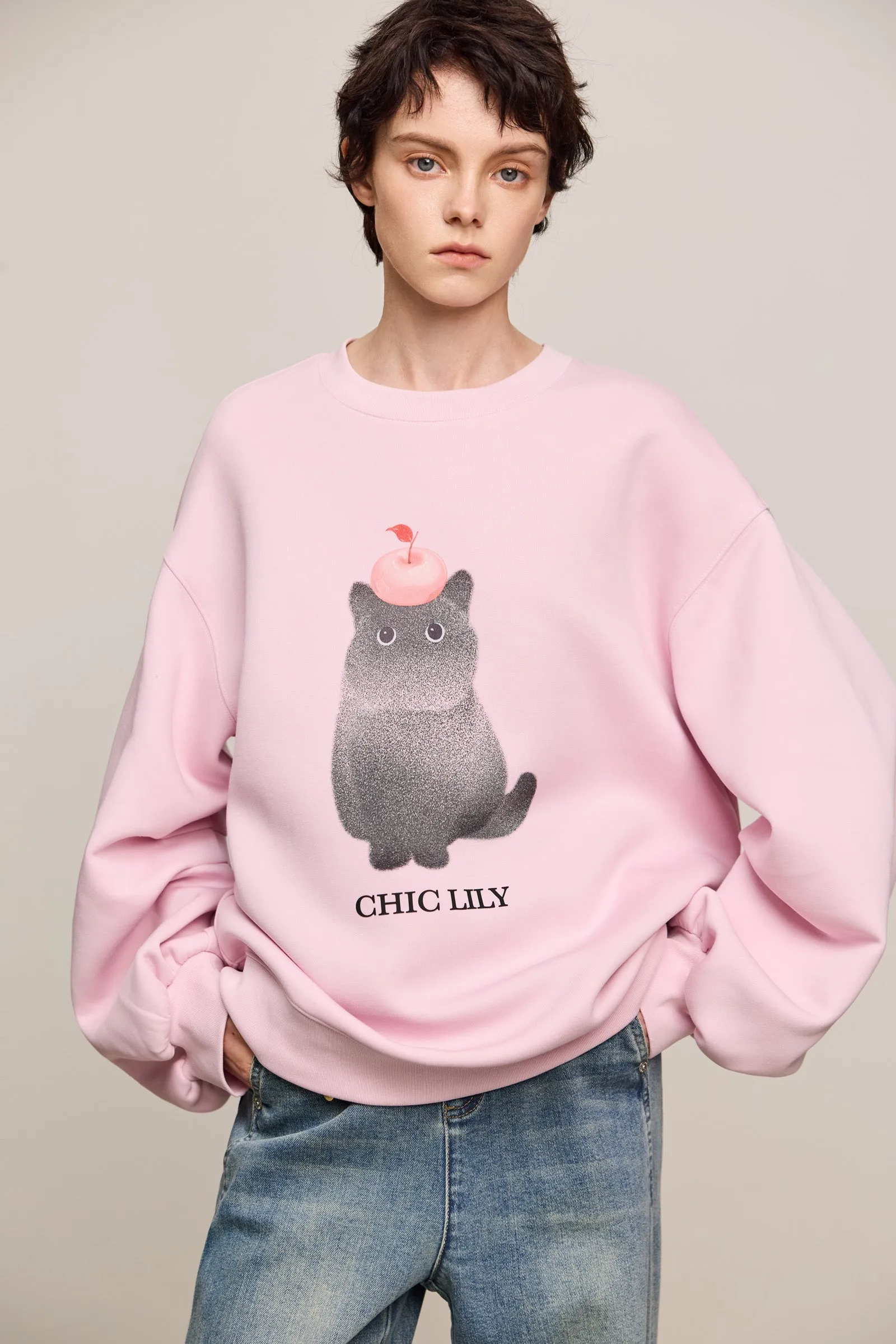 LILY Cat Graphic Crewneck Pullover Sweatshirt