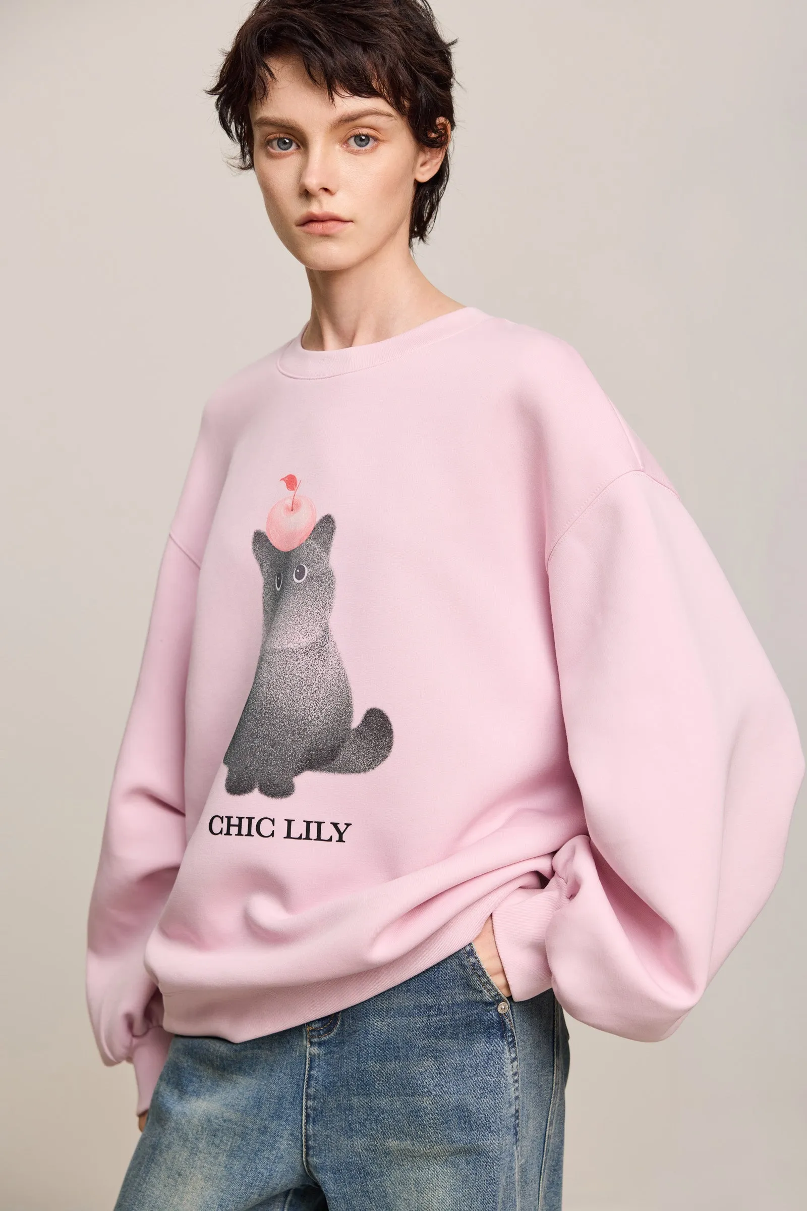 LILY Cat Graphic Crewneck Pullover Sweatshirt