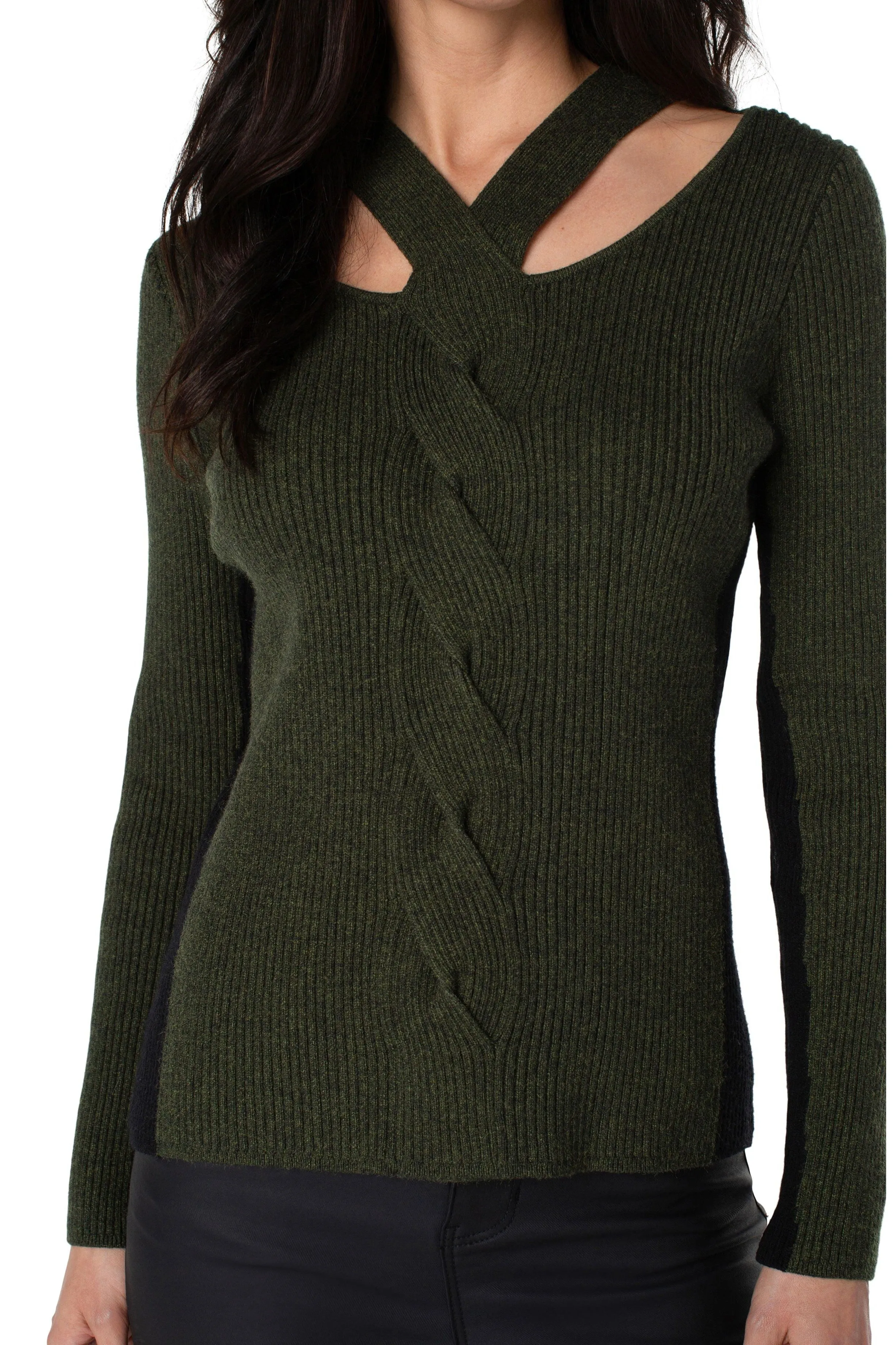 Liverpool Long Sleeve Cable Twist Neck Wrap Sweater In Pine Heather Black