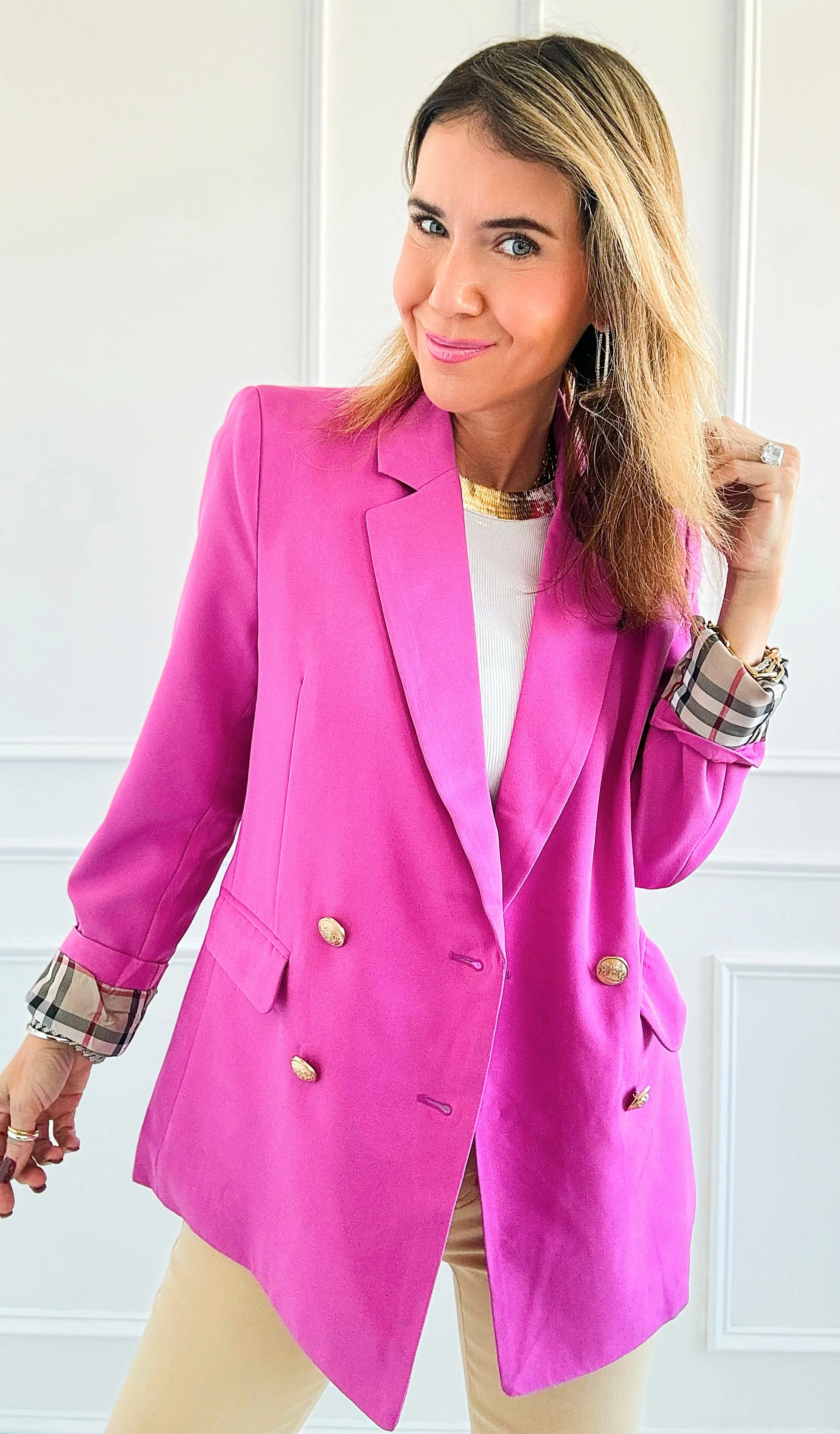 Plaid Lining Jacket- Fuchsia