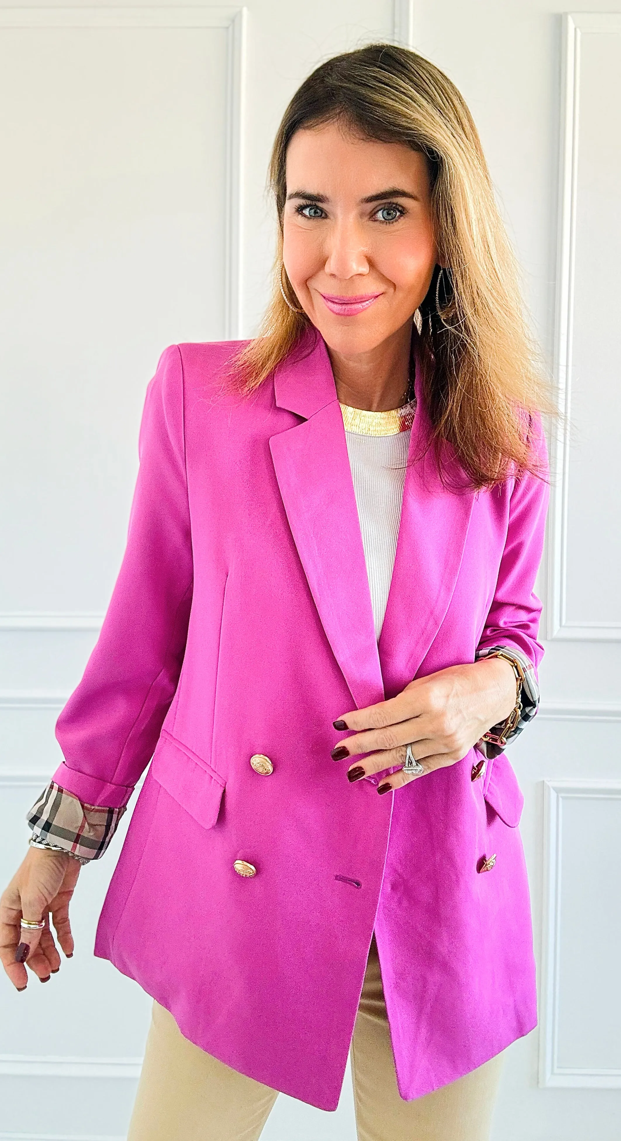 Plaid Lining Jacket- Fuchsia