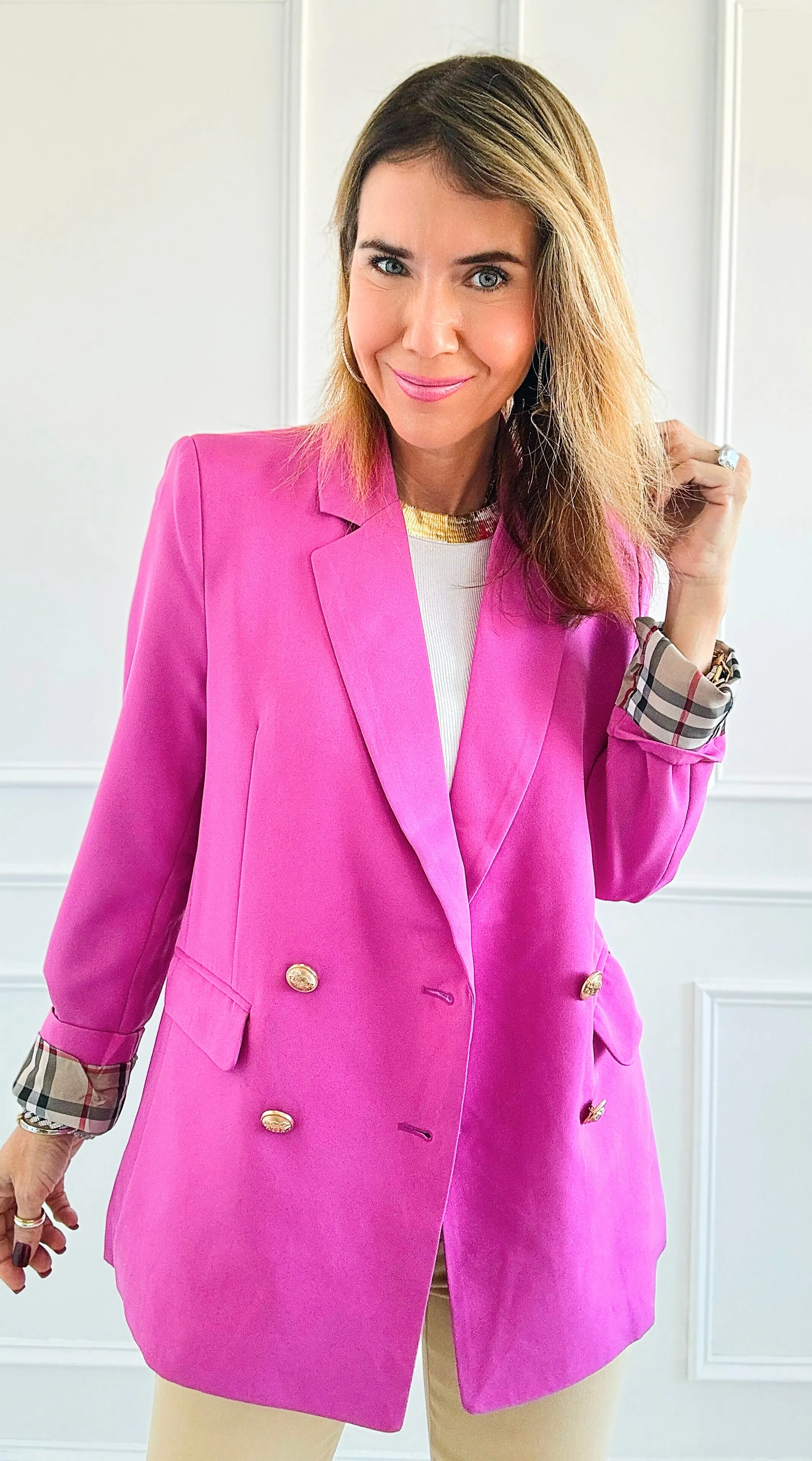 Plaid Lining Jacket- Fuchsia