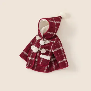 Pompom Plaid Plush Hooded Coat