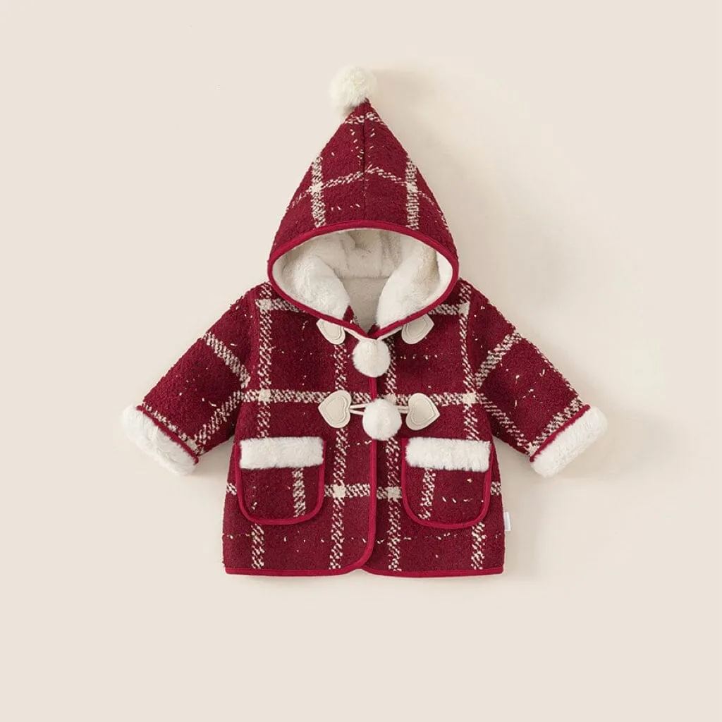 Pompom Plaid Plush Hooded Coat