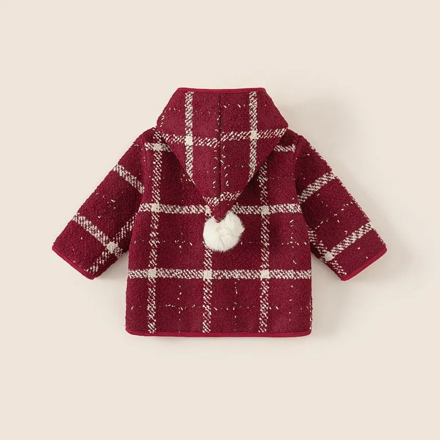 Pompom Plaid Plush Hooded Coat