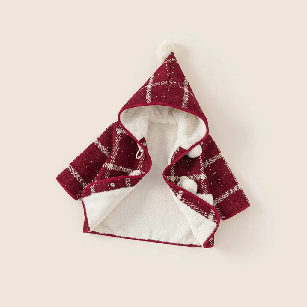 Pompom Plaid Plush Hooded Coat