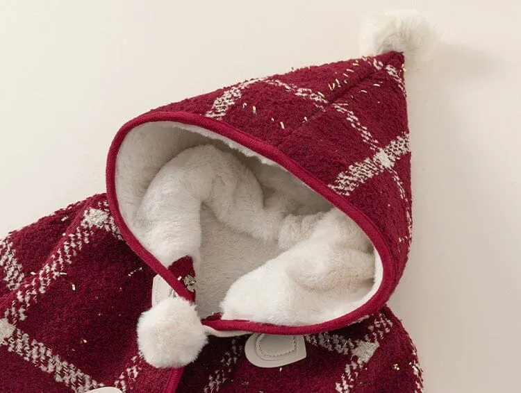 Pompom Plaid Plush Hooded Coat