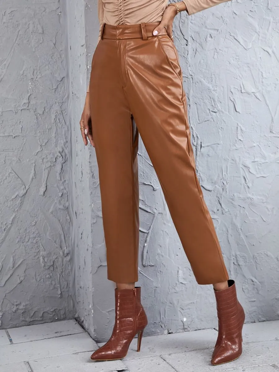 PU Leather Solid Straight Leg Pants