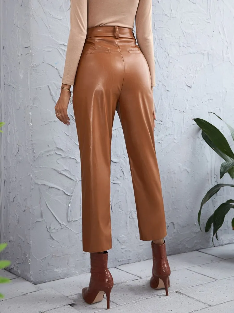 PU Leather Solid Straight Leg Pants