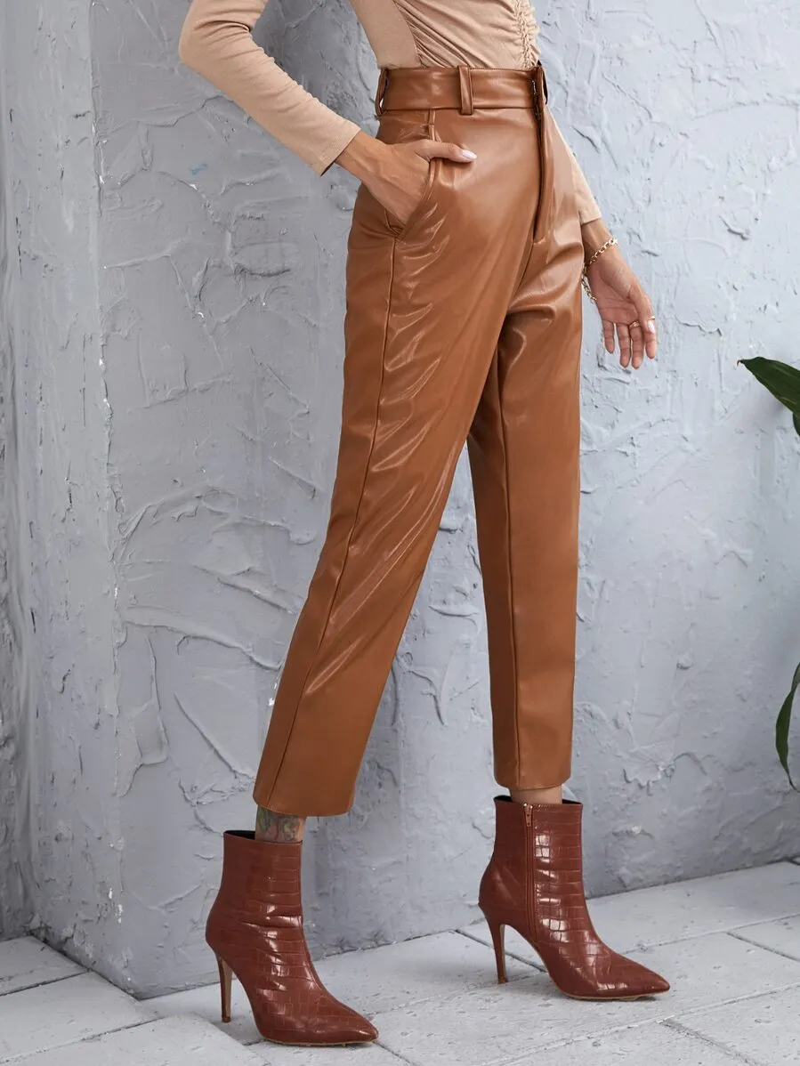 PU Leather Solid Straight Leg Pants