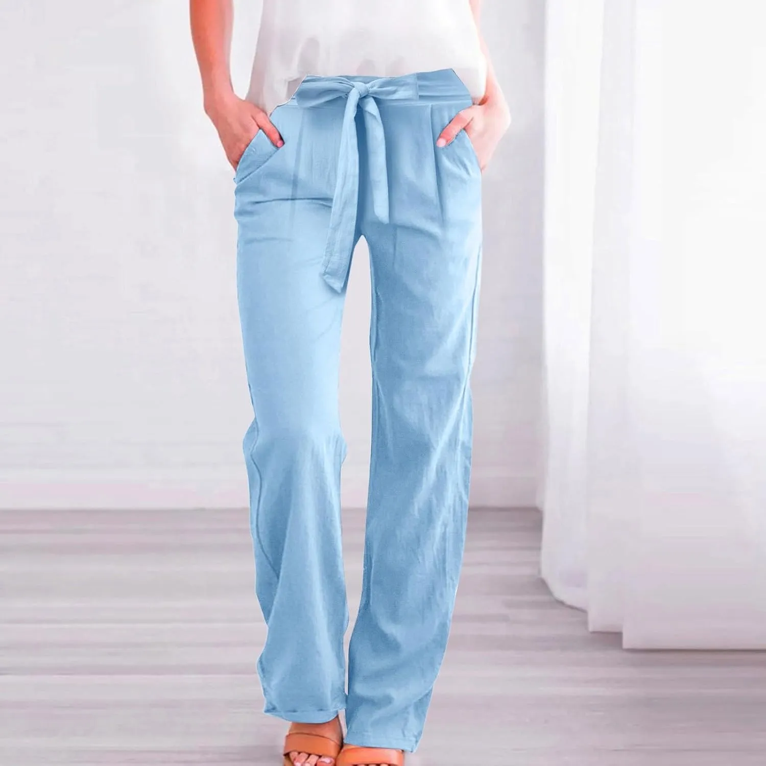Womens Linen Summer Striped Pant Trousers Elastic Waist Wide Leg Slim-Fit Palazzo Lounge Pants Trendy