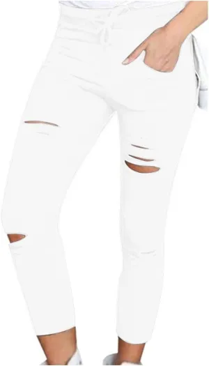 Women's Ripped Pencil Pants High Waist Lace-up Skinny Stretchy Leggings Workout Casual Yoga Trousers with Pockets